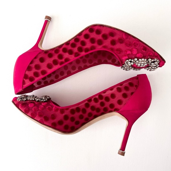 MANOLO BLAHNIK || Red Silk Polka Dot Hangisi Jewel Buckle Embellished Pumps 36 - Picture 7 of 15